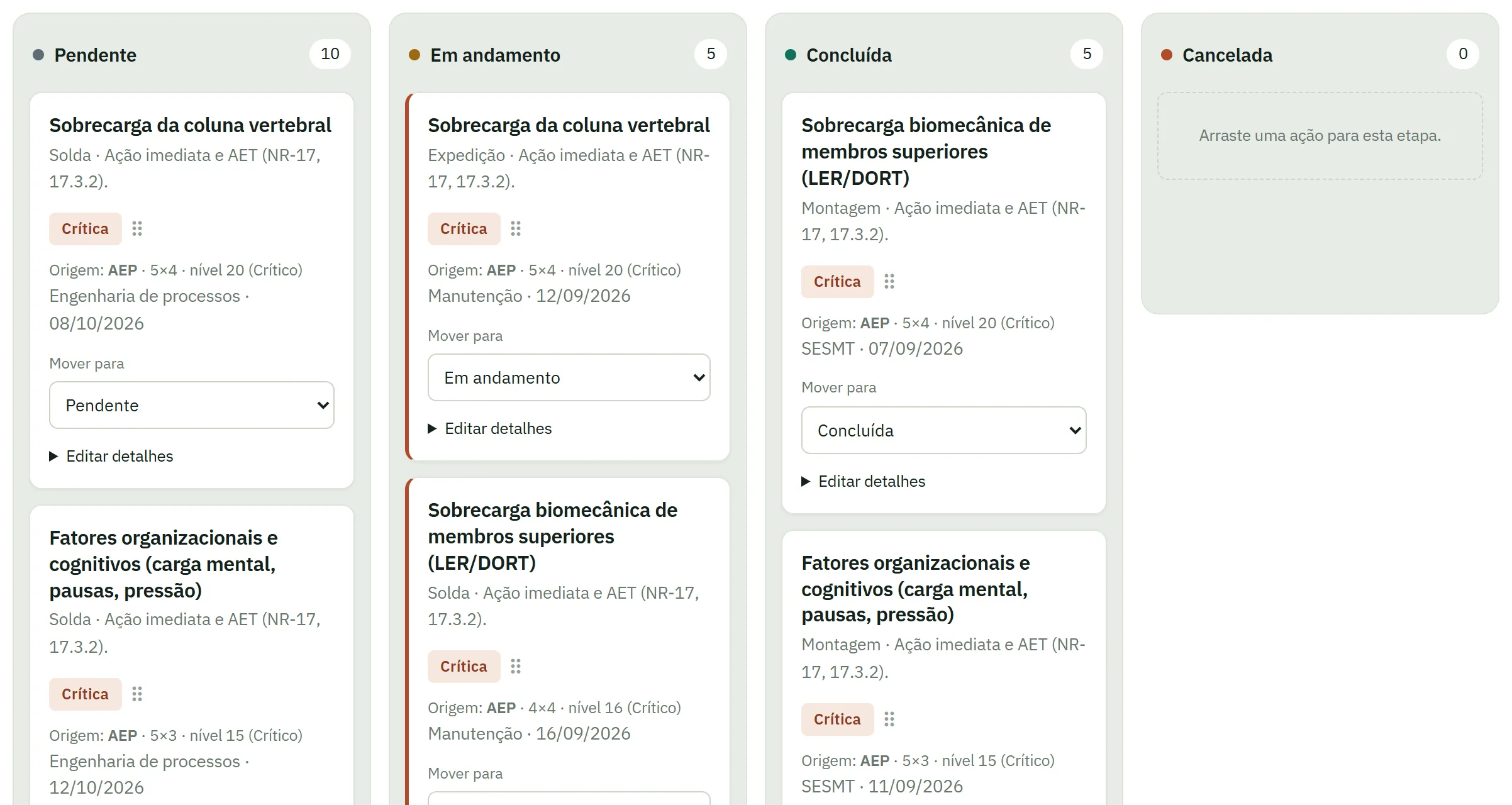 Plano de ação em quadro Kanban com ações pendentes, em andamento e concluídas